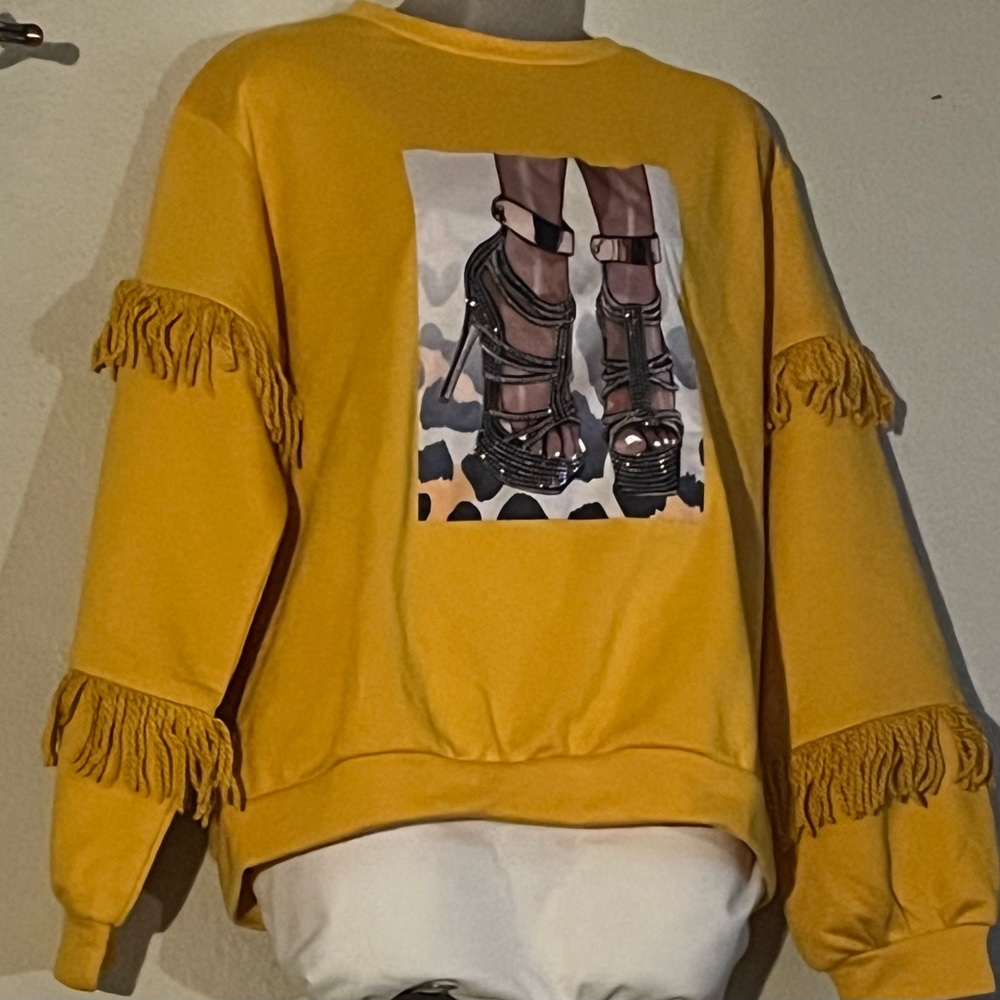 Yellow Fringed Graphic Sweater NWOT